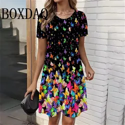 3D Butterfly Print Dress For Summer Women Party O-Neck Short Sleeve Dress Sundress Casual Elegant Ladies Loose Mini Dresses 2025