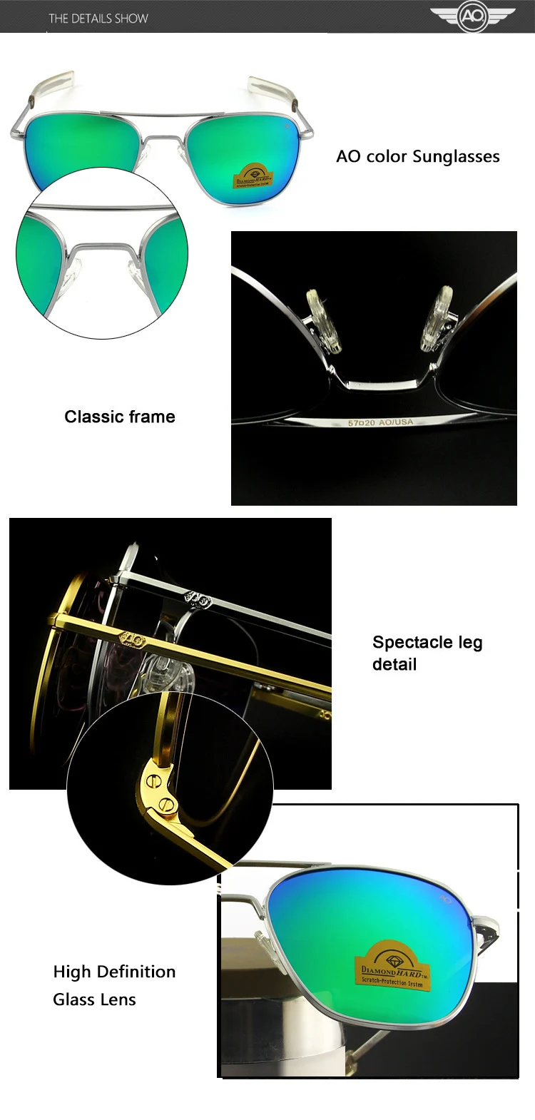 AO Sonnenbrille Mann USA Armee Militär Luftfahrt Pilot Sonnenbrille Glaslinse Frau Luxusmarke Retro Titan Rahmen Hohe Qualität – Detail 18