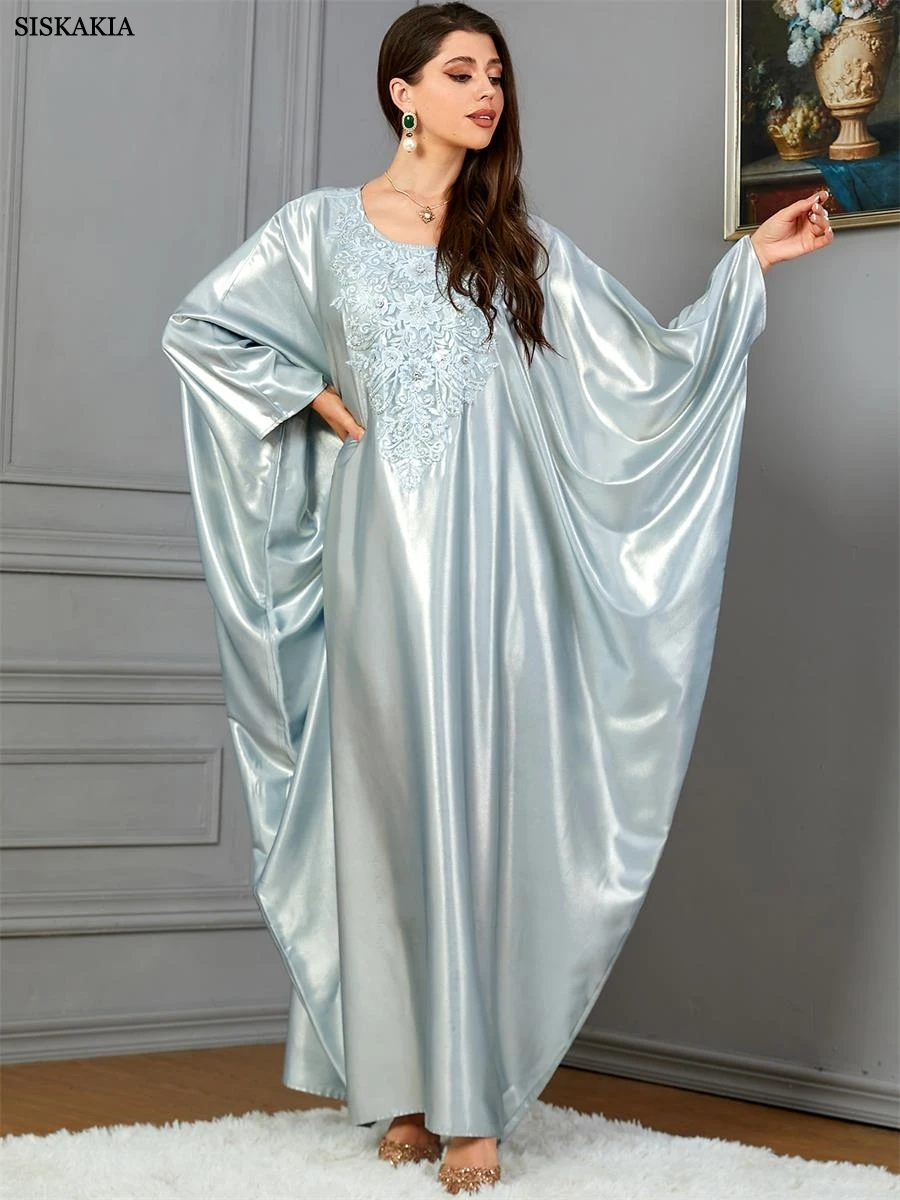 Siskakia Fashion Solid Satin Embroidery Beading Batwing Sleeve Casual Loose Abaya Moroccan Dubai Women Kaftan Evening Party