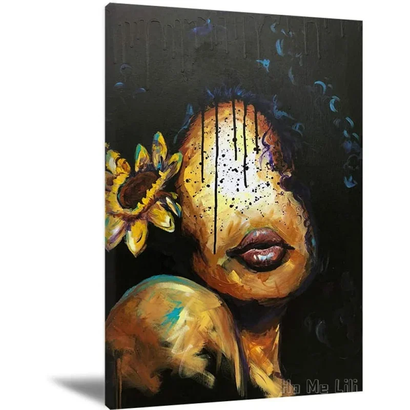 Black Queen By Ho Me Lili Wall Art African American Girl Portrait And Sunflowers Gray Modern Abstract Painting Decor