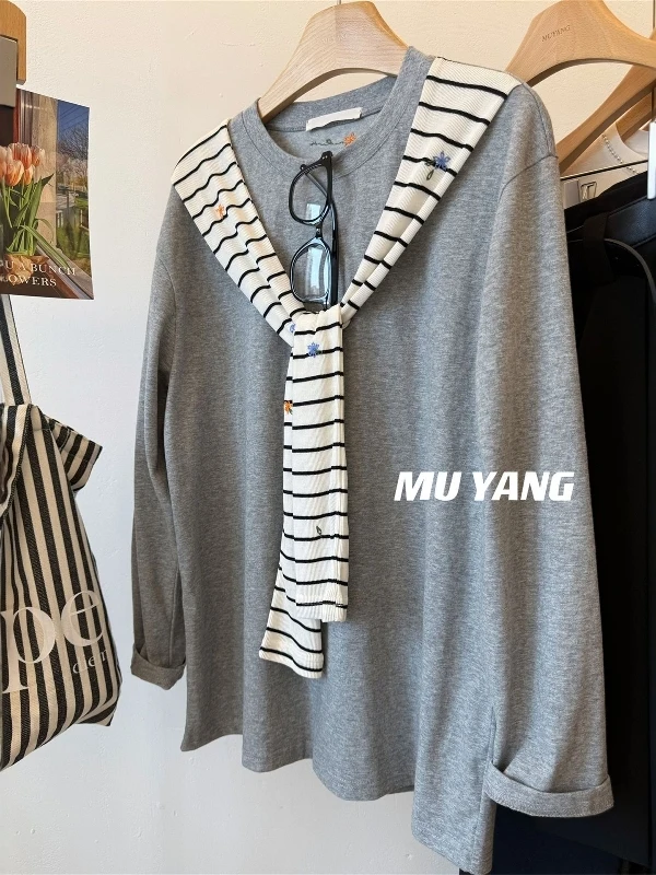 plus Size 300 Pou Embroidered Striped Casual Loose Long Sve T-irt Women's Spring Autumn Sle Comfortable Breathable