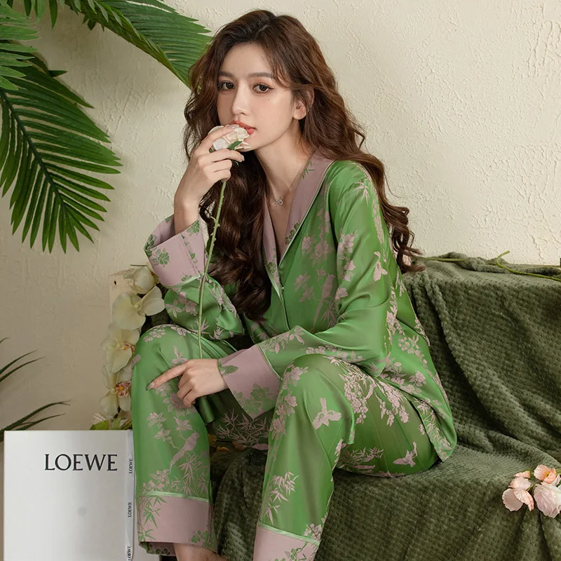 

Women's Long Sleeve Trousers Two Piece Ice Silk Print Pajamas Fashion Ladies Loose Casual High Quality Ladies Homewear