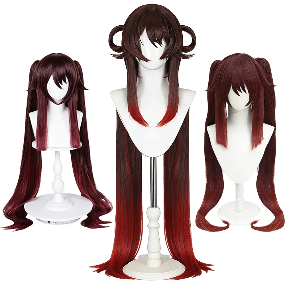 Hu Tao Genshin Cos Wig Long Gradient Red Brown Detachable Double Ponytails High Temperature Fiber Hair For Comic Con Role Play