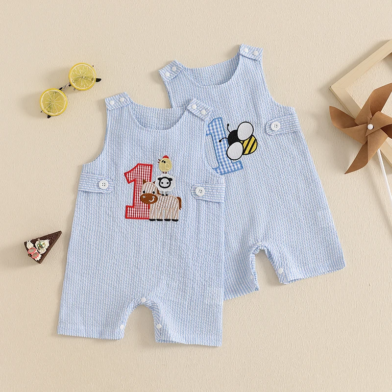 

Lioraitiin Baby Boy 1st Birthday Overalls Number Animal Embroidery Sleeveless Round Neck Stripe Print Jumpsuit