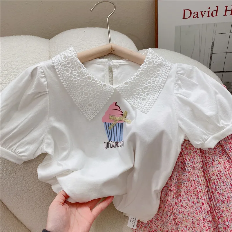 Summer Girls Clothing Set Lace Hollow Out Collar Design Ice Cream T-shirt +Full  Print Little Flower Shorts 2Pcs Suit For Kids