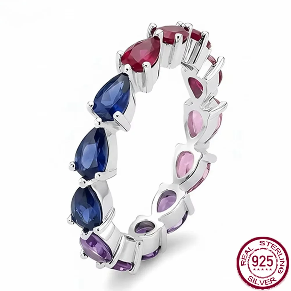 Yaranyan 100% 925 Sterling Silver Pear Cut 3*5 MM Lab Sapphire Gemstone Colorful Row Ring for Women Fine Jewelry Wedding Band