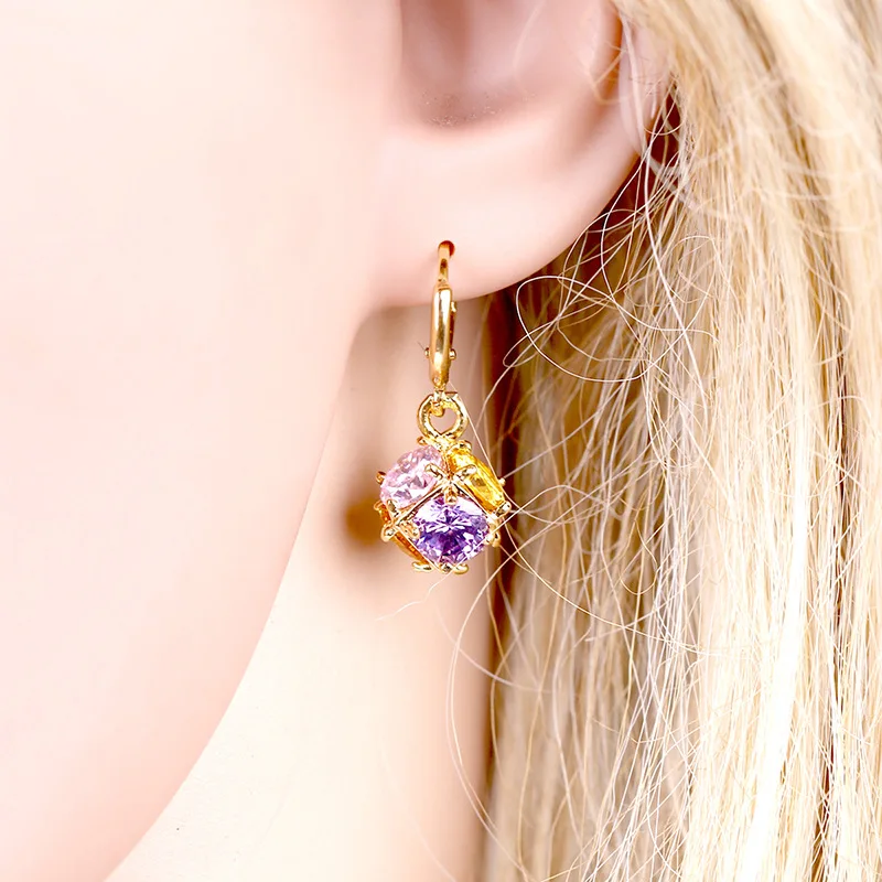 Cross-border hot sale INS wind copper earrings micro-inlaid zircon colored diamond ball earrings electroplated real gold color r