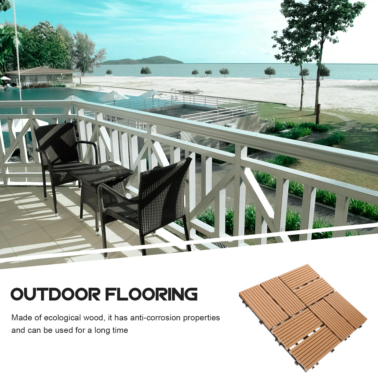 8-in-1 Wood Plastic Floor Tiles Interlocking Deck Boards Balcony Patio Garden Terrace Outdoor Flooring Decorative Ecological