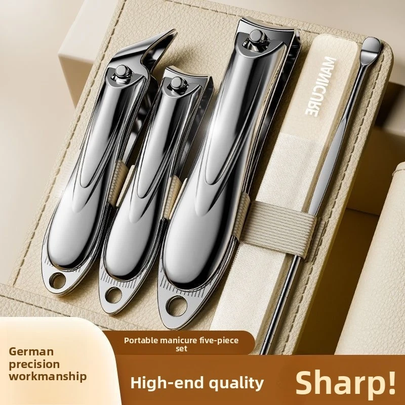 Stainless Steel Nail Clipper Set, Swivel Leather Case, Large, Slant & Pointed Tips, Home Manicure Tools