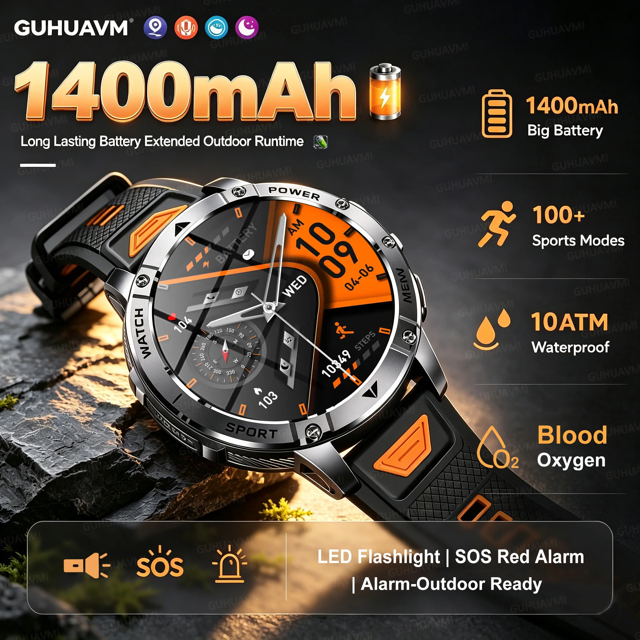 2026New Men Rugged Outdoor SmartWatch 1400mAh Large Battery 10ATM Waterproof LED Flashlight SOS Alarm Blood Oxygen Fitness Watch