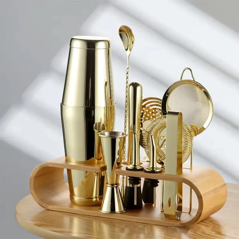 Factory Stainless Steel Barware Kit Bartender Tools Set Boston Cocktail Shaker Travel Gift Bamboo Stand-Premium Metal