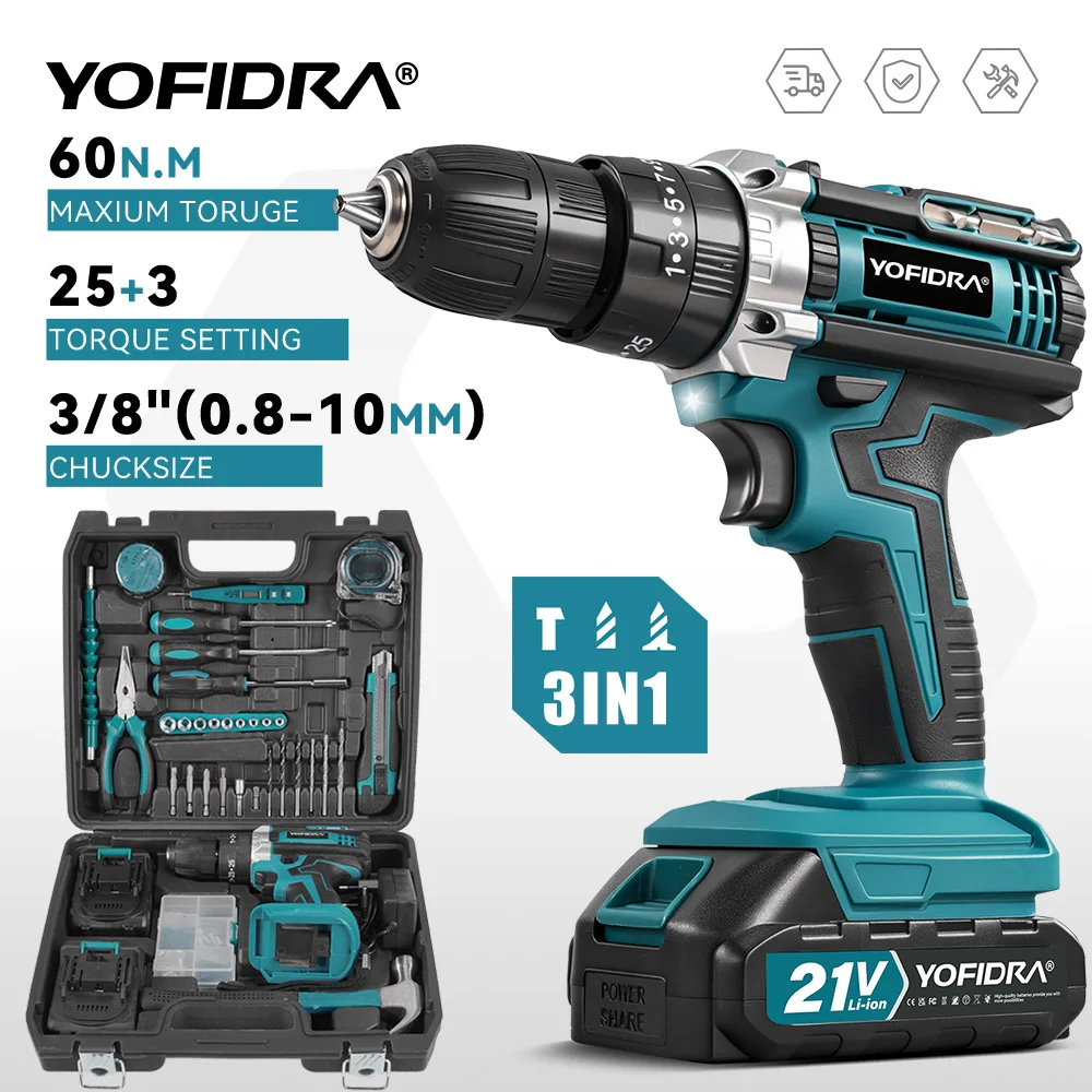 YOFIDRA 60N.M perceuse à percussion électrique avec 32/53 pièces Kit d'outils 25 + 3 couple tournevis sans fil outil pour Makita 21V batterie broche