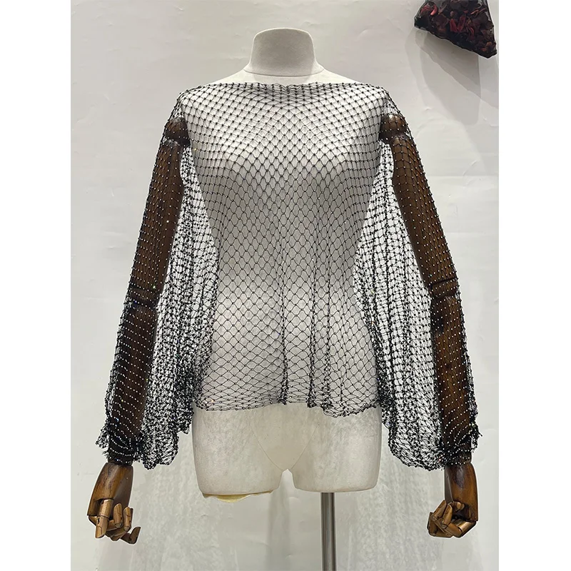 

H80&S90 New Crystal Diamond See Through Tank Top Summer Women Hollow Out Beachwear Pullover Shiny Sexy Fashion Party Club Blouse