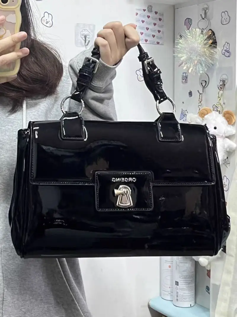 JIAERDI Vintage Black Handle Messenger Bag Women High Street Pu Leather Y2k Hand Bag Female Retro Large Capacity Handbag Purse