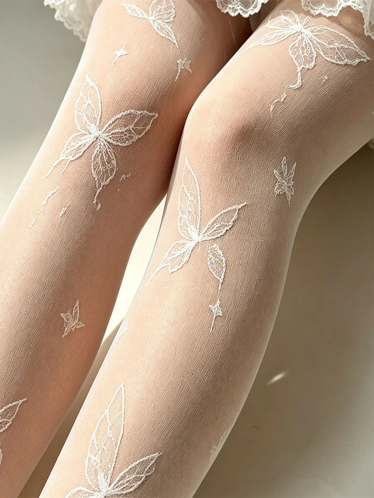 Retro Lace Printed Women's Pantyhose Lolita White Sheer Relief Style Butterfly Flowers Pattern Sexy Nylon Tights