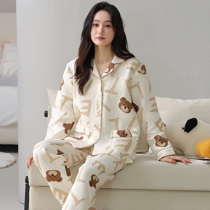Big Size M-4XL Winter Women Pajamas Set Air Clip Cotton Pijama Female Cute Cartoon Thick Sleepwear