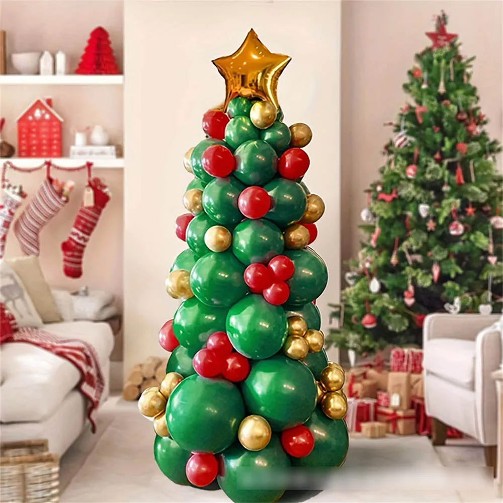 1set Creative Christmas Tree Decoration Green Red Gold Balloon With Gold Stars on top Christmas Party Decorations Xmas DIY Gifts - view 4