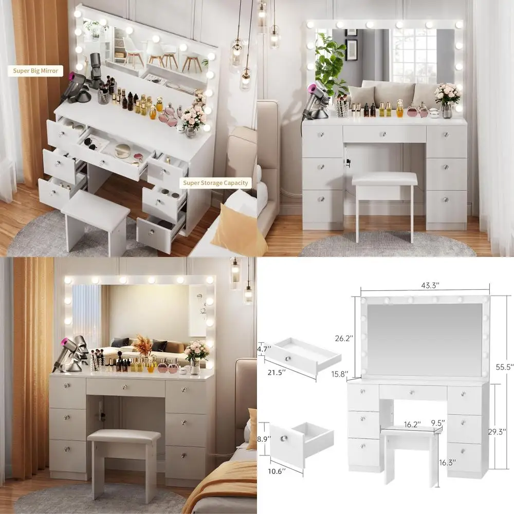 Lighted Makeup Vanity Desk with 7 Drawers, Power Outlet, 3 Lighting Modes, Adjustable Brightness, 44 Table, Cushioned Stool, Whi