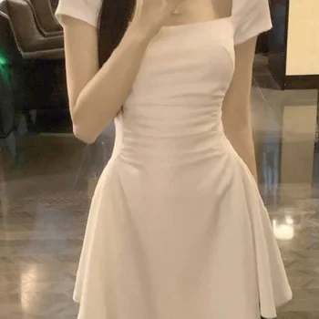 여성을위한 우아한 슬리밍 미니 드레스 여름 새 스타일 스퀘어 칼라 반팔 플러스 사이즈 매운 소녀 허리 장착 a 라인