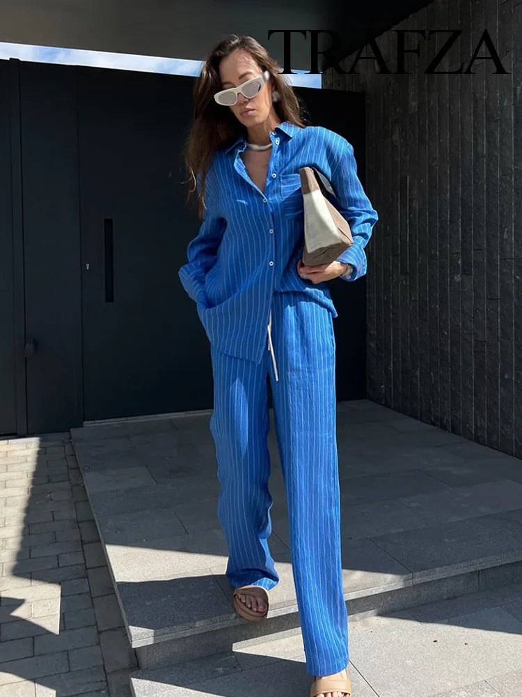 

TRAFZA Women Summer Pants Suit Fashion Long Sleeve Single-breasted Lapel Blouse+Striped Pajama Style Pocket Drawstring Pants