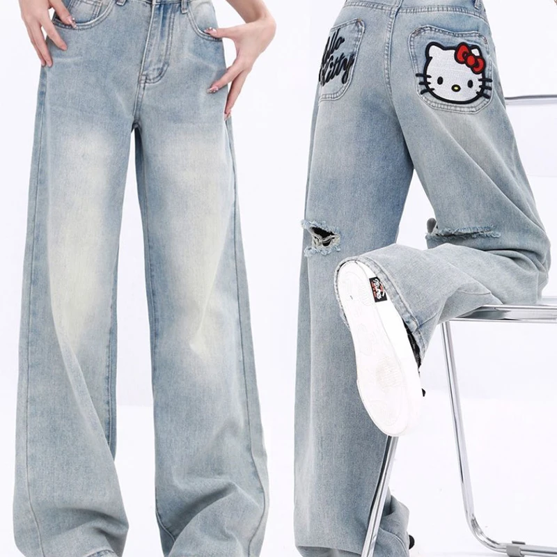 

Anime Kawaii Sanrio Hello Kitty Vintage Ripped Jeans Children High Waist Design Niche Embroidery Straight Loose Wide Leg Pants