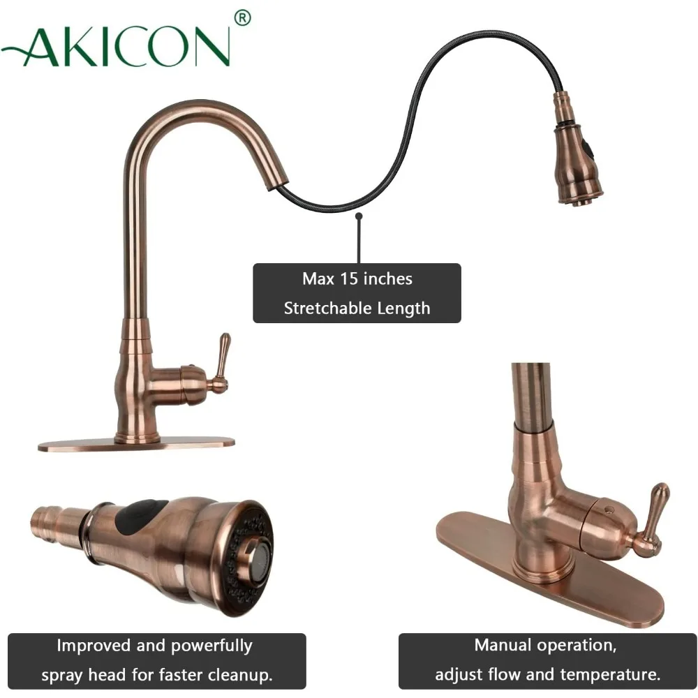 Antique Copper Single Level Solid Brass Pull-Down Kitchen Faucet with Deck Plate for Sink, One-Handle Design