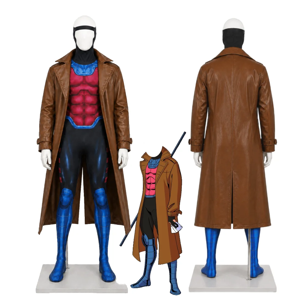 Gambit Cosplay Costume Remy LeBeau Faux Leather Coat Bodysuit Mask Outfit Set for Men Halloween Comic-Con