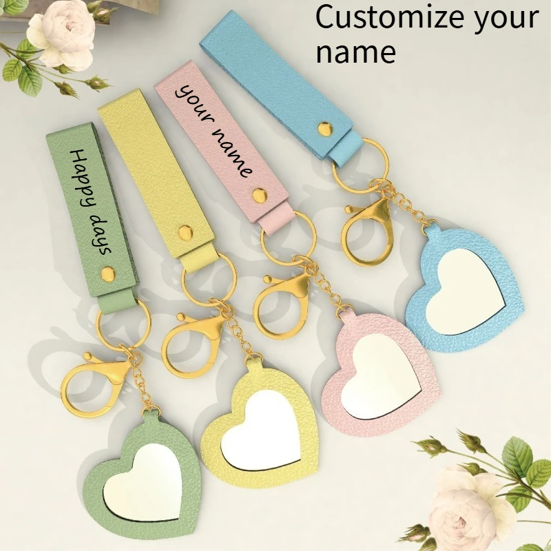 Cute and Creative Little Peach Heart Mirror Keychain Customizable Logo Name PU Leather Love Makeup Mirror Keybag Pendant Gift
