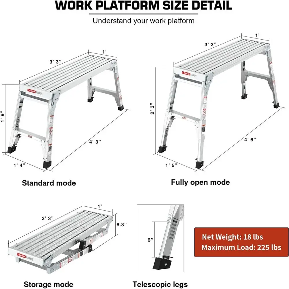 Aluminum Folding Work Platform/Step Stool with Telescoping Legs 22 - 27.5 Height Adjustable - 225 lbs, Non-Slip, Portable Ladder