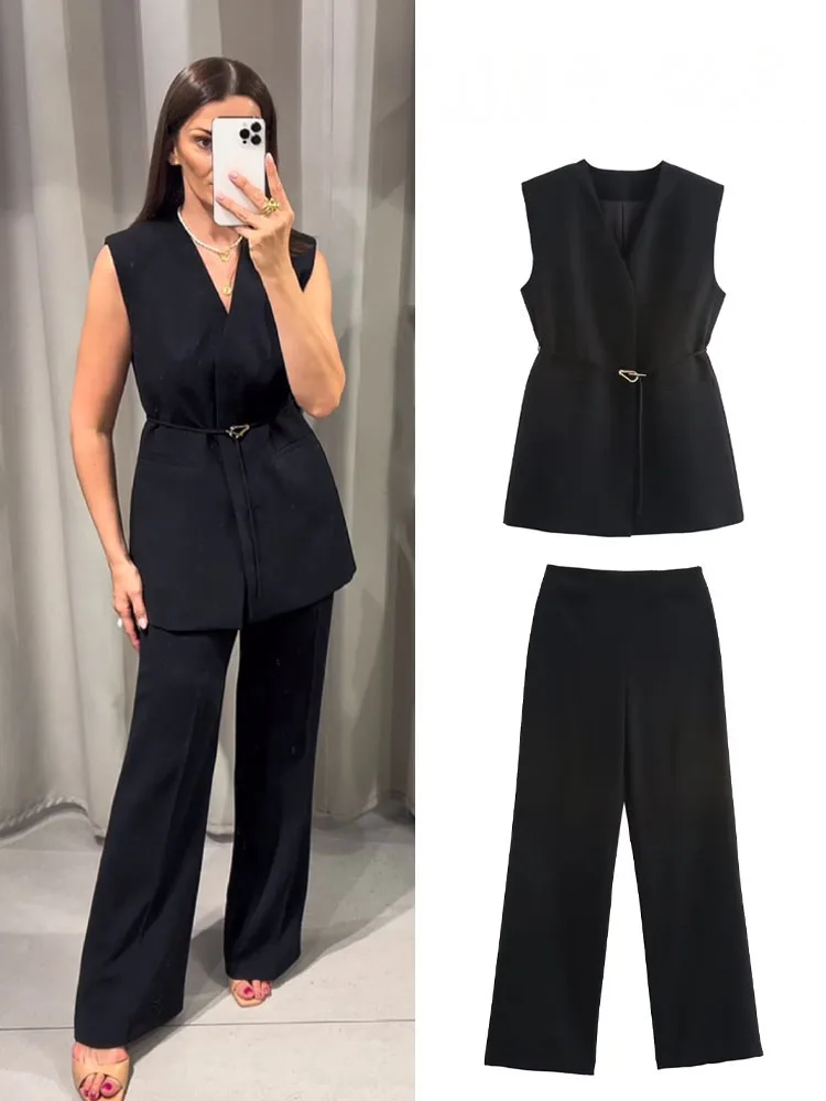 HH Women 2 Piece Set Sleeveless Pocket Belt V-Neck Decorate Vest Top+Solid Side Zip High Waist Loose Casual Wide Leg Pants