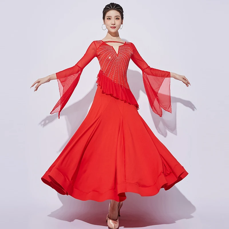 Czerwony strój do tańca towarzyskiego damski standard krajowy sukienka do ćwiczeń tańca siateczkowe rozkloszowane rękawy sukienki strój do walca występ 2200