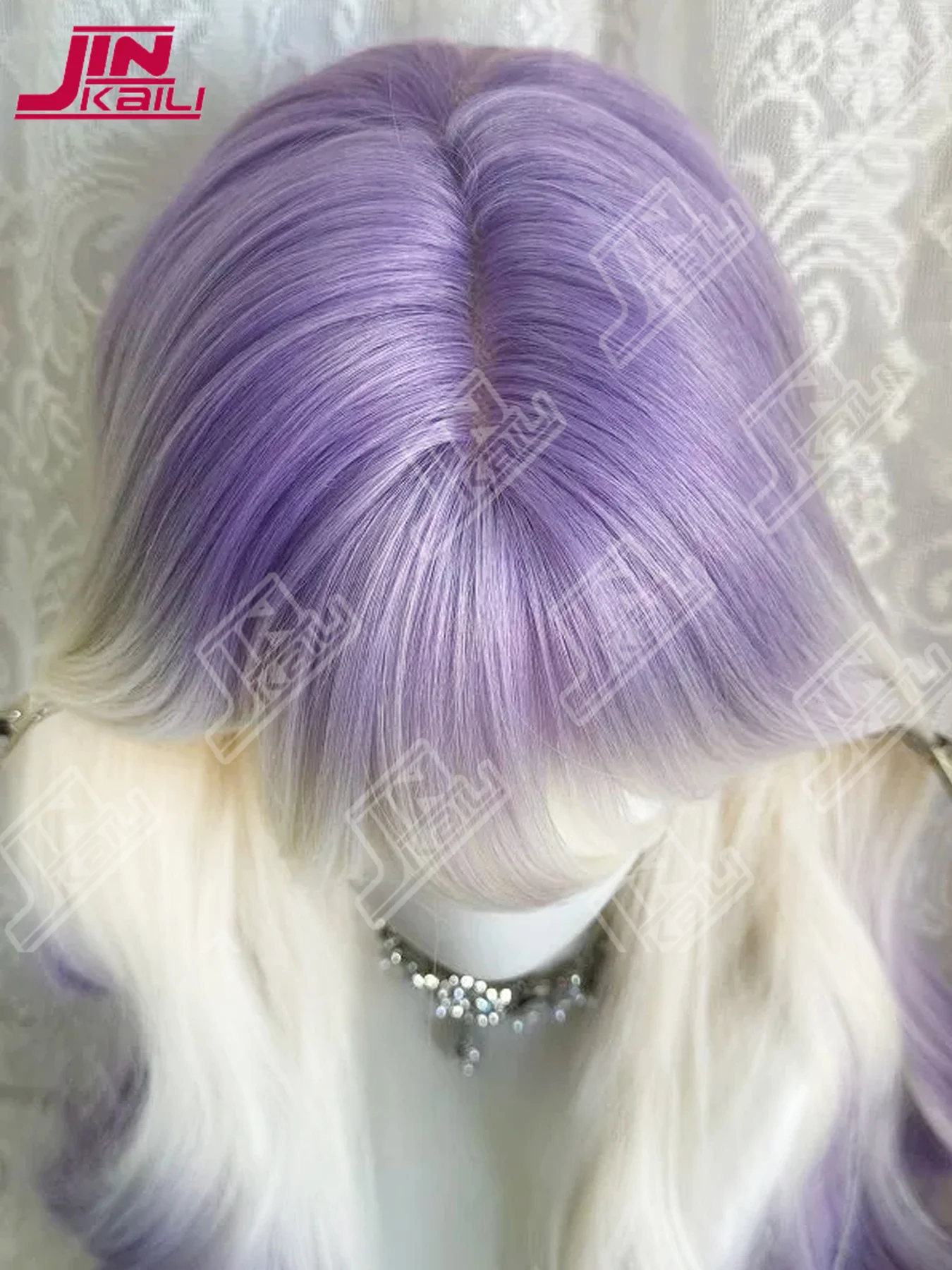 JKL الاصطناعية النساء لوليتا متموج مجعد الحليب الأبيض التدرج البنفسجي اللون طويل مجعد خصلات الشعر المستعار مع الانفجارات شعر مستعار تأثيري #6