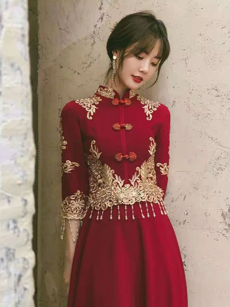 

Red Wine Color Large Size Retro Chinese Sle Qipao Wedding Dr Engagement Par Farewell Banquet Ceremony ow Heel Dr