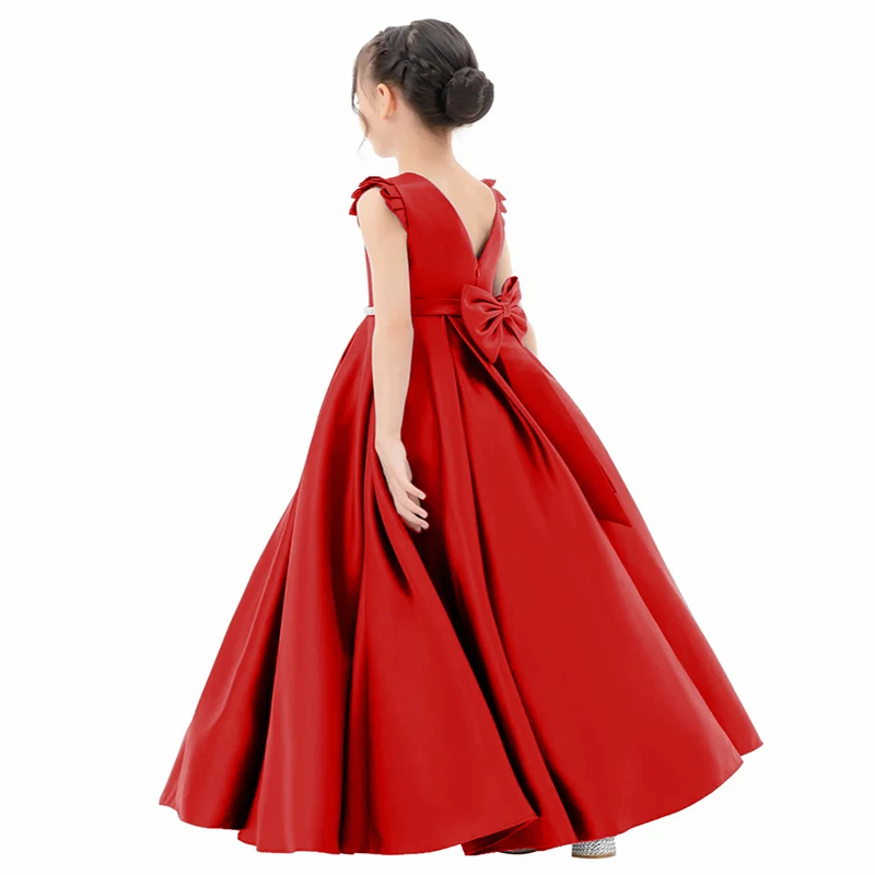 Robe à fleurs en satin rouge pour filles, jupe longue, ceinture en cristal, nœud de couleur personnalisé, fête formelle, anniversaire, gala, Rh, enfants