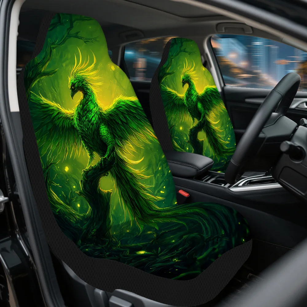 Set Of 2, Universal Car Seat Covers With A Fantasy Green Phoenix Design – Made From High-Quality Materials, Stylish And Durable
