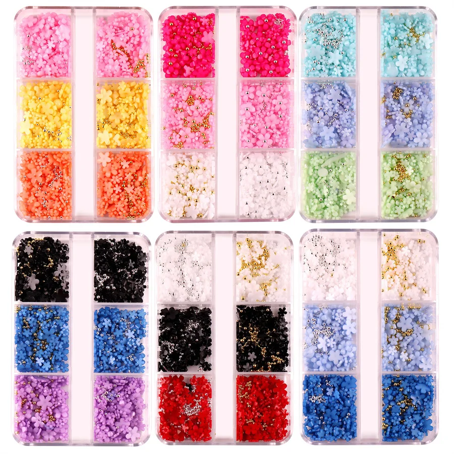 6Grids Nail Art Decorations Korean Small Flower Nail Charms 3D Mini Resin Rhinestones Nail Kawaii Accessories DIY Nail Supplies