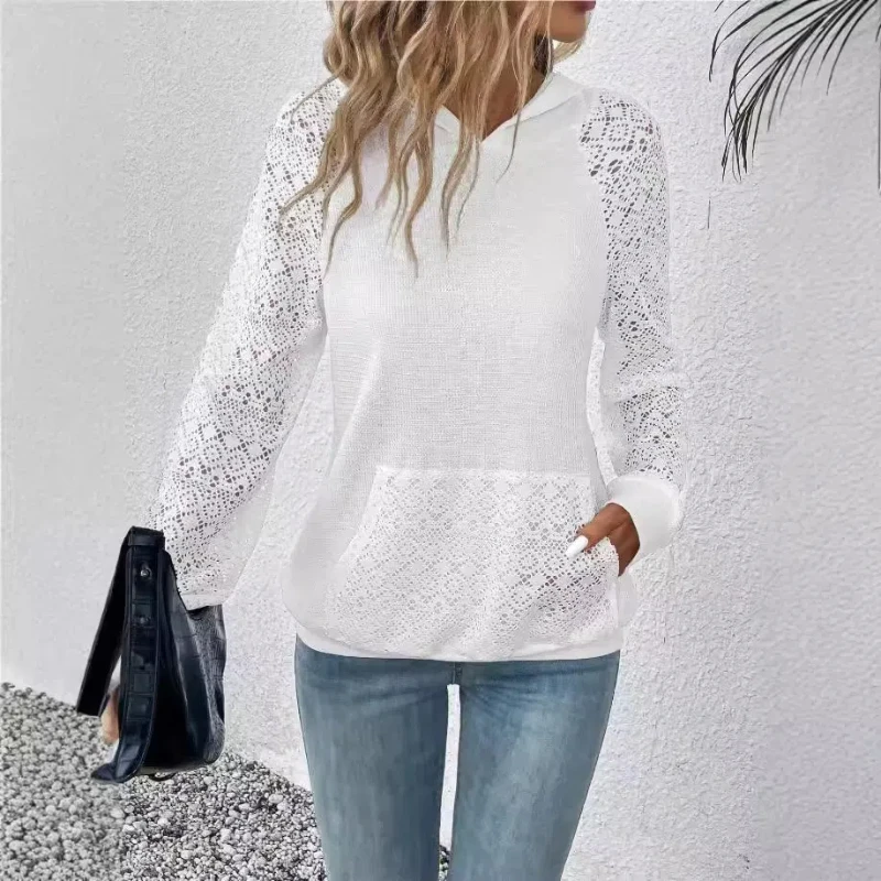 New Women Lace Waffle Patchwork Hoodie Casual Sweater