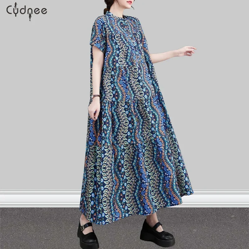 Vintage Chiffon Print Plus Women A Line Multicolor Dress Allover Print Notched Neckline Smock Dress