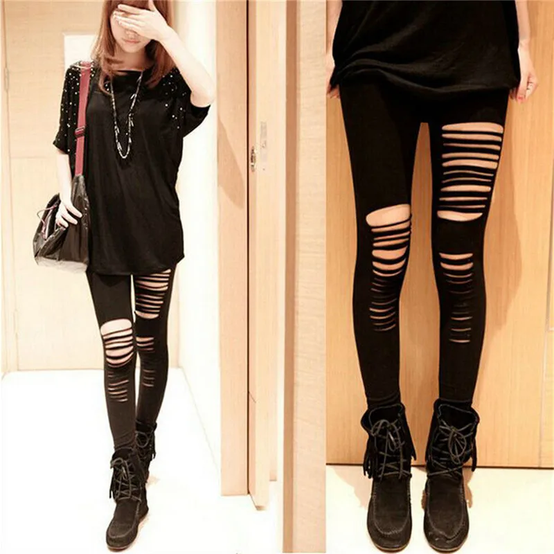 Sexy Black Punk Ripped Torn Slashed Cut Striped Leggings Pants Gothic Club