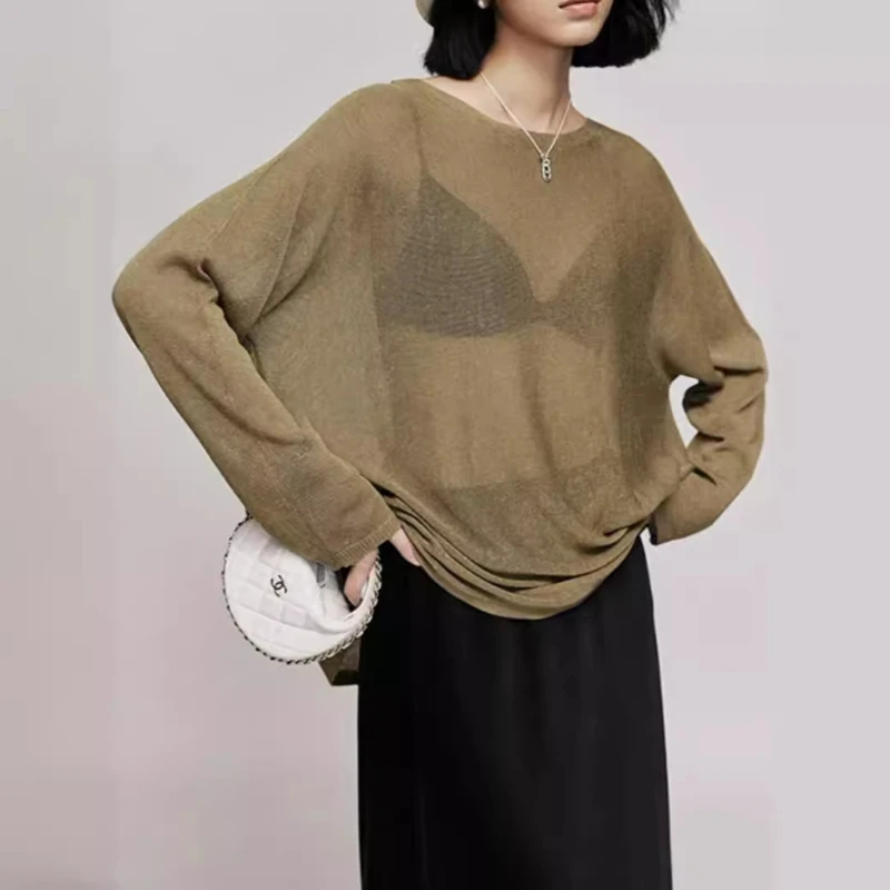 

Sunscreen, slightly cool breathable linen yarn long sleeved knitted shirt, hollowed out cover up shirt, summer top