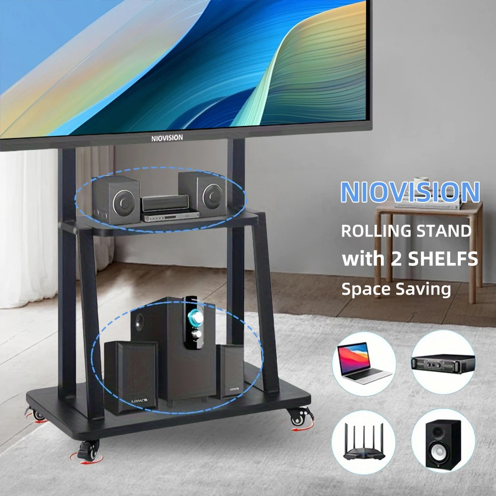 عربة تلفزيون متنقلة، حامل تلفزيون قابل لضبط الارتفاع لأجهزة التلفاز مقاس 32-75 بوصة مع عجلة قابلة للقفل، حامل تلفزيون متدحرج بعجلات ماكس VESA 600 × 400 مم #6