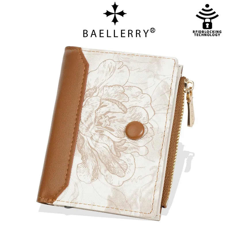 

Новый модный кошелек Baellerry с кнопкой, многофункциональный, с принтом пионов, маленький держатель для денег и карт, короткий кошелек с несколькими отделениями для женщин