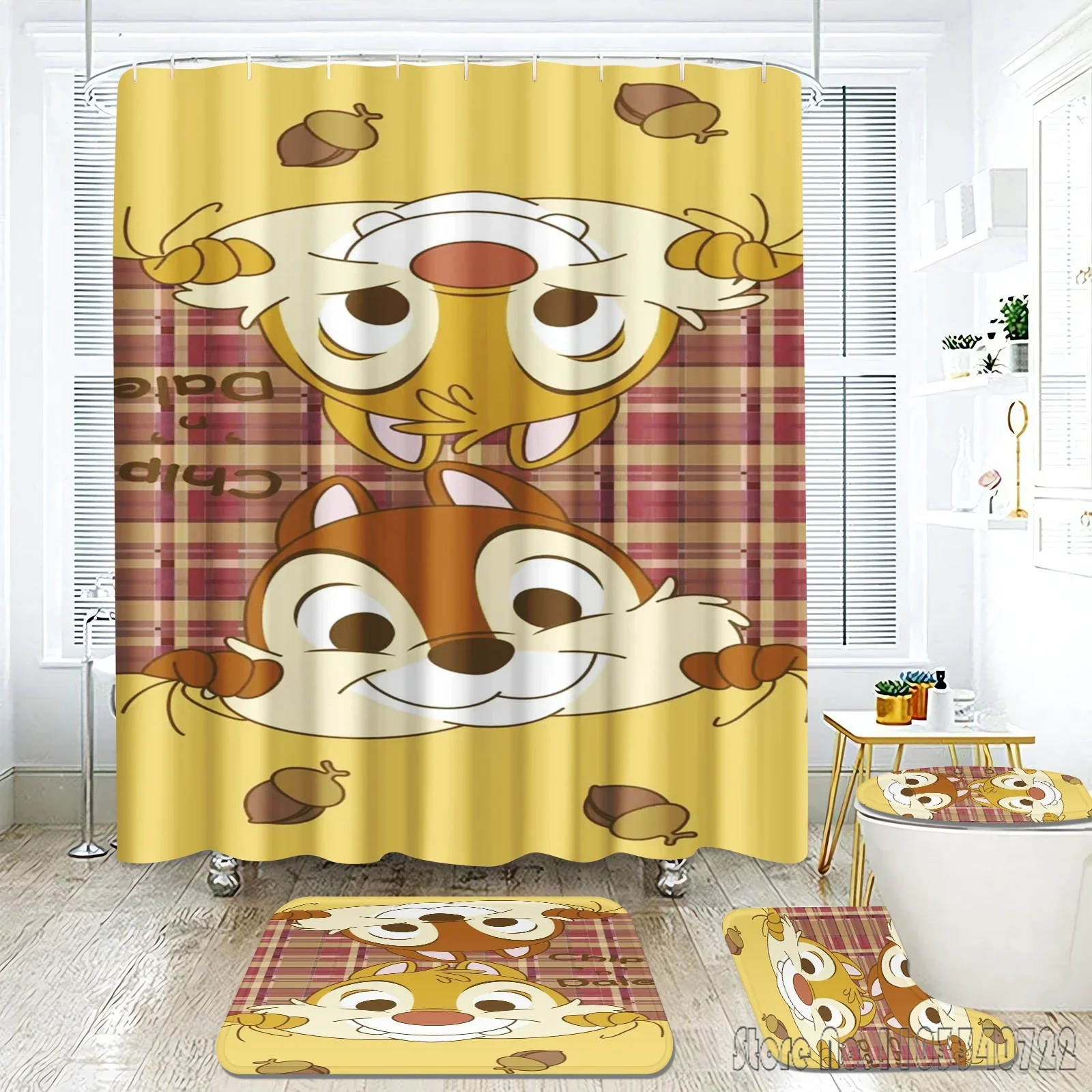 Anime Chichiditi Chipmunk Cartoon Bath Shower Curtain Set 4pcs with Hooks Waterproof Bathroom Toilet Mat Lid Decor Kids Gift