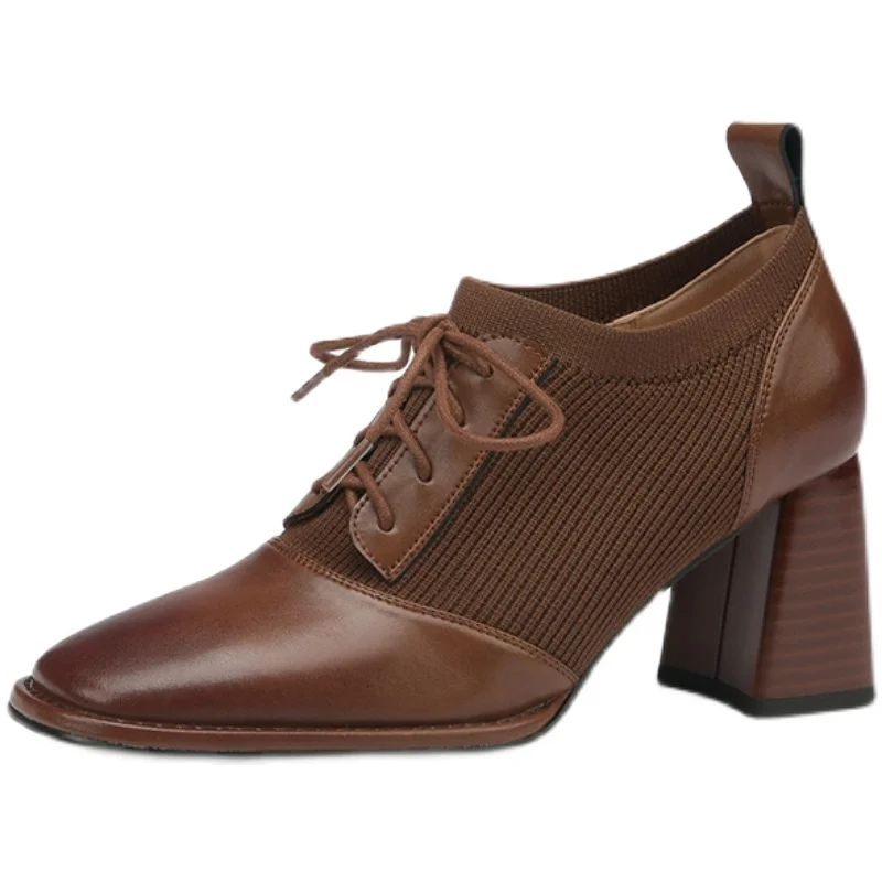 2022 Spring and Autumn Fashion High-heeled Shoes Women Thick Heel Stitching Knitted British Style Square Toe Women\'s Shoes