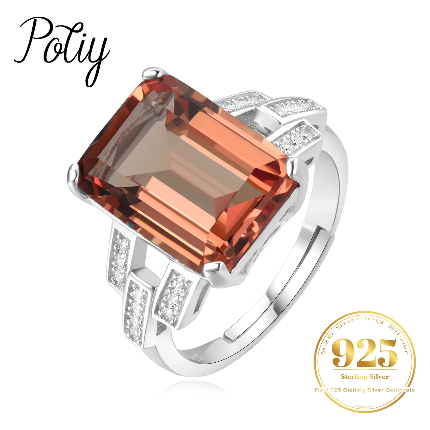 Potiy Huge 6ct Emerald Cut Simulated Color Change Diaspore Open Adjustable Cocktail Ring 925 Sterling Silver Jewelry women Gift