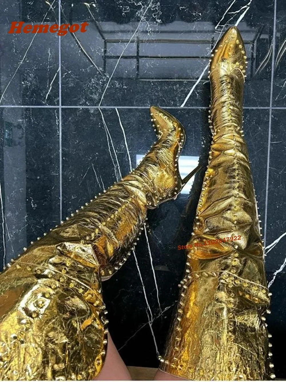 

Gold Rivet Thigh High Boots Pointy Toe Solid Stiletto Women's Boots Newest Winter Back Zipper High Heels Elegant Runway Shoes