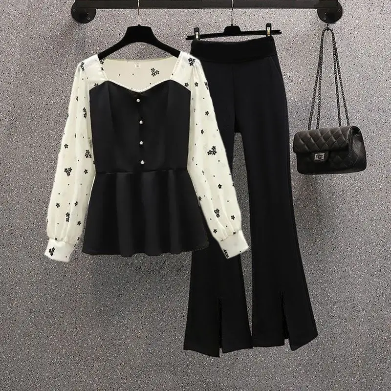 Fashion Two Piece Set Spring Autumn New Women\'s Long Sleeve Floral Chiffon Shirt Black Pants Set M-4XL