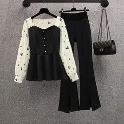 Fashion Two Piece Set Spring Autumn New Women's Long Sleeve Floral Chiffon Shirt Black Pants Set M-4XL