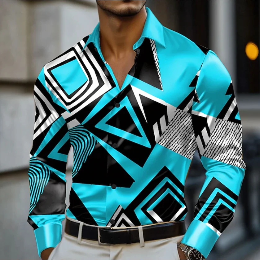 Men's Shirt Collar Shirt Men's 3D Printing Irregular Geometric Printing Casual Long Sleeve Fashion Printed Shirt Male Top