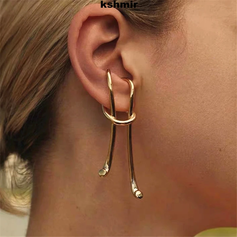 kshmirGeometric metal copper pendant women's ear clip Fashion long ear hanging retro exaggerated ear pierceless knot ear jewelry